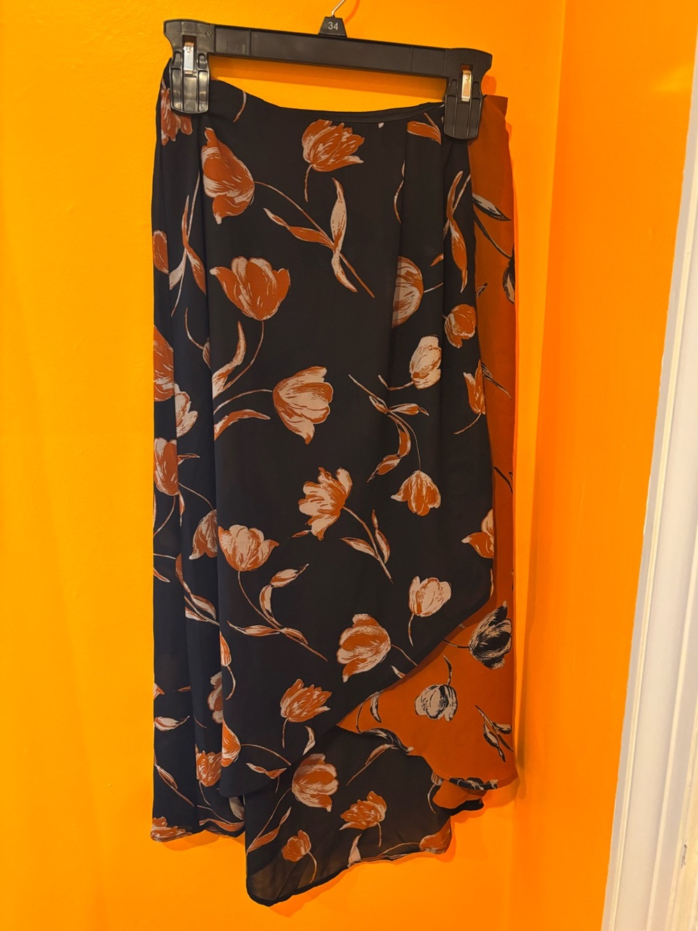 Sienna Sky Black and Rust Floral Asymmetric Midi Skirt